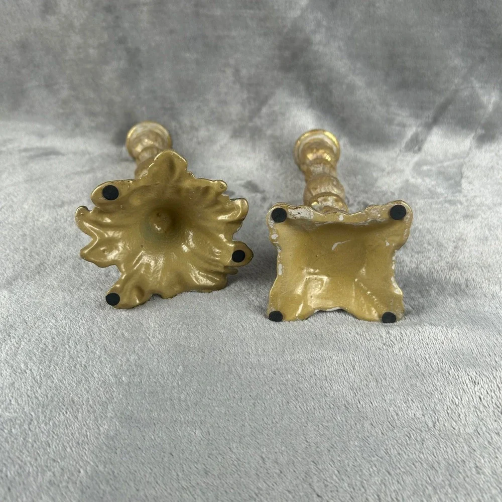 Vintage Antique Gold Cast Metal Candlestick Holders Pair Ornate Heavy Taper Set